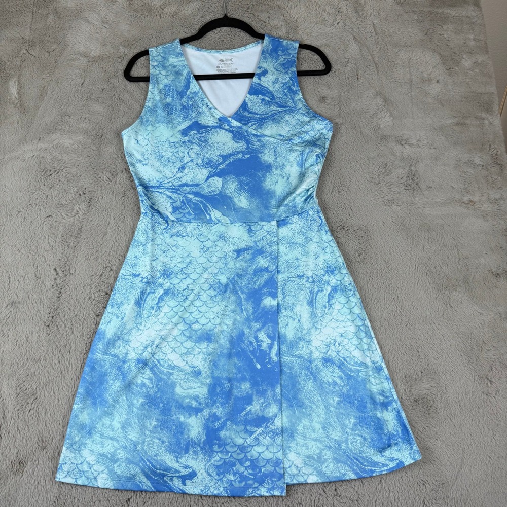 Silver Bait Sun Dress Sleeveless V-Neck Blue Mermaid Scale Print S